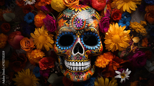 A vibrant skull with colorful marigolds, symbolic of celebration and remembrance, set against a black background. Cinco de Mayo mood.