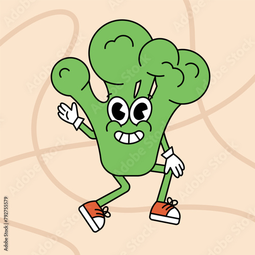 Retro cartoon sticker with funny comic broccoli character, gloved hands. Hand drawn doodles of comic groovy character. Vintage vector.