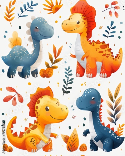 A seamless pattern with cute cartoon dinosaurs and colorful leaves.