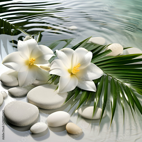 Beautiful spa background featuring white stones  lily flowers  and sun shadows on a transparent  clean white water surface with palm leaves.