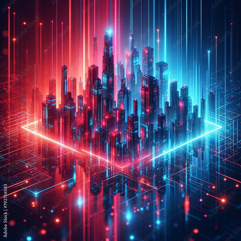 Abstract futuristic city with glowing neon lights, 3d rendering toned image