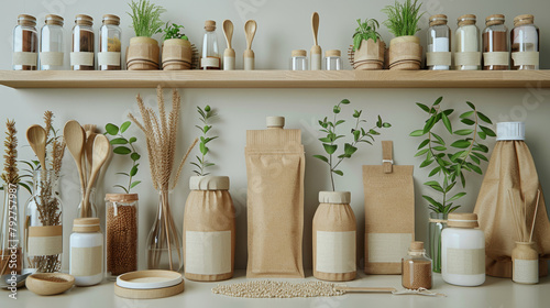 Innovative sustainable packaging for zero waste products made with compostable materials and clear label mockup.