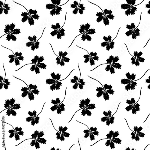 Seamless pattern with silhouettes of field plant leaves on a white background. 
