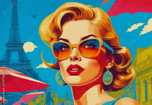 Pop art retro style of a beautiful woman in Paris at summer