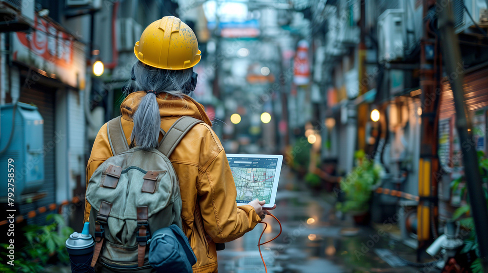 A female engineer in a yellow jacket and a yellow helmet looks at a tablet while walking on the street while checking electrical wiring