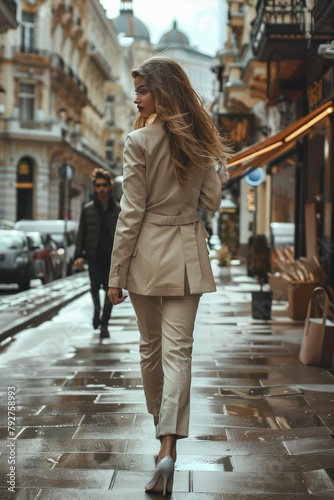 An aesthetic business woman in heels walking in streets, neutral colors, muted tones. Generative AI. © visoot