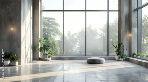 A modern mockup room with large windows and soft natural light  perfect for showcasing architectural designs.