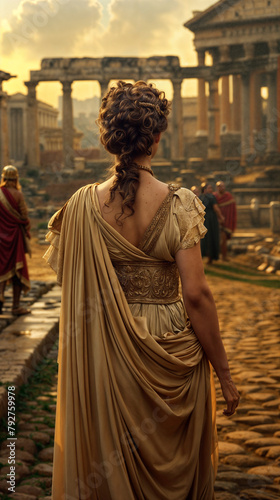 Woman walks on ancient street in the Roman Empire