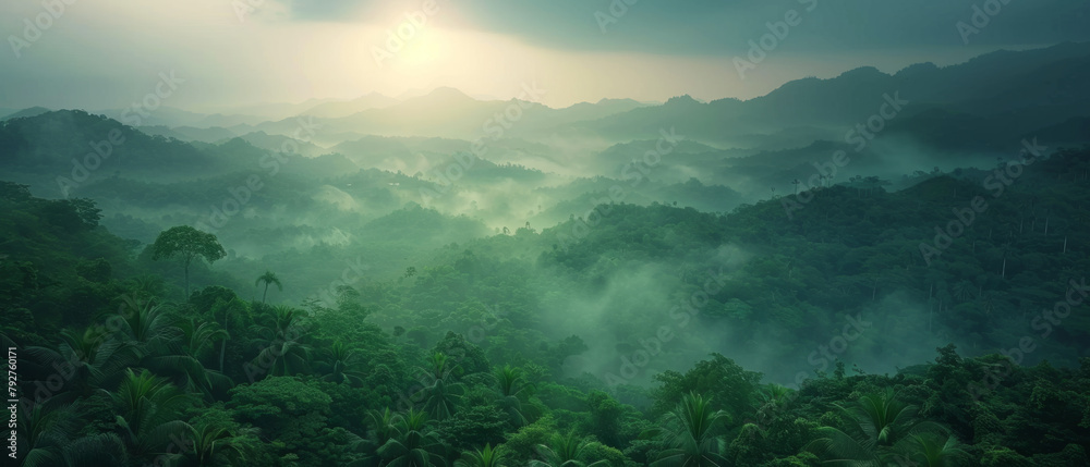 Majestic tropical rainforest with mountains and mist in the early morning light