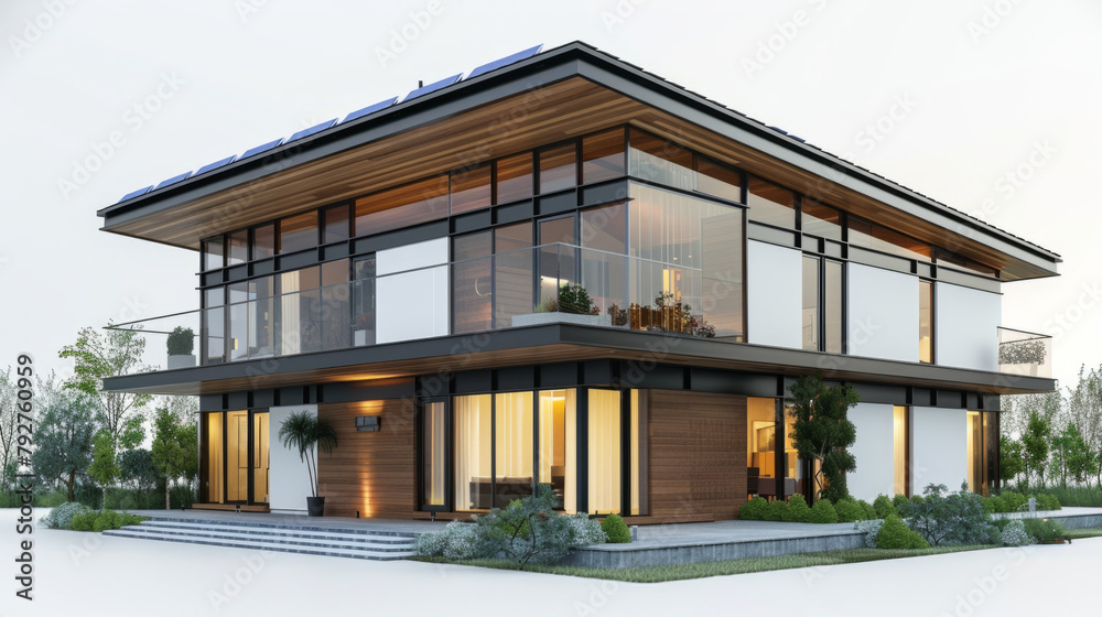 Fototapeta premium A 3D model of a modern house with solar panels, focusing on sustainability and renewable energy in architecture.