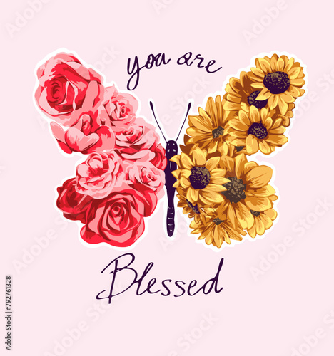 you are blessed calligraphy slogan with roses and sunflowers in butterfly shape hand drawn vector illustration