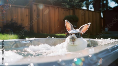 Playful White Rabbit in Sunglasses Enjoying a Relaxing Hot Tub Soak