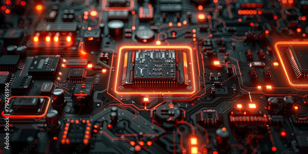 a high-tech pattern featuring glowing circuit boards, wires, and microchips, set against a dark, gritty background. 16k ultra HD resolution