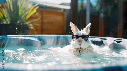 Playful White Rabbit in Sunglasses Enjoying a Relaxing Hot Tub Soak