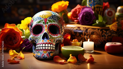 A vibrant sugar skull adorned with traditional Mexican patterns sits atop a rustic wooden table. Cinco de Mayo mood.