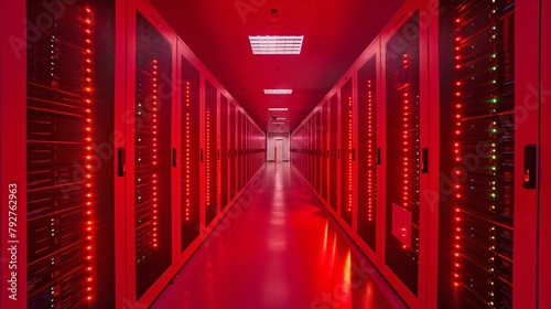 Advanced Data Center Rows of High Speed Servers Illuminating a Dark Room Tech Hub