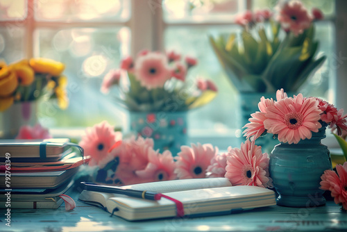 A book is open on a table with a vase of flowers