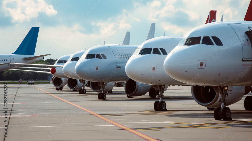 A row of airplanes parked in airport. Vanishing point image of endless row of passenger jets A row of airplanes parked in airport. Vanishing point image of endless row of passenger jets