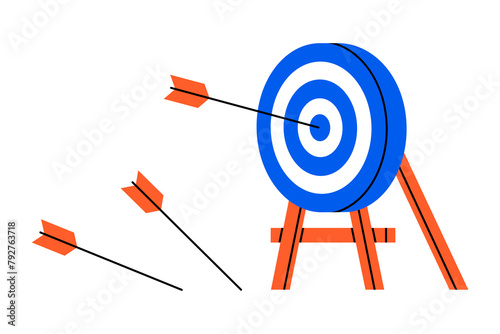 Hand drawn cute illustration of arrow hit center of target. Flat vector hit the bull's eye in doodle. Successful strategy icon. Goal achievement. Find problem solution. Unsuccessful attempts. Isolated