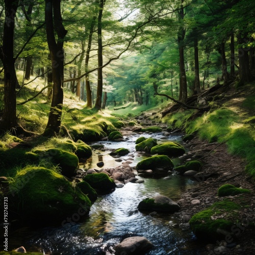 A photo of a beautiful forest with a creek running through it. The sun is shining through the trees.