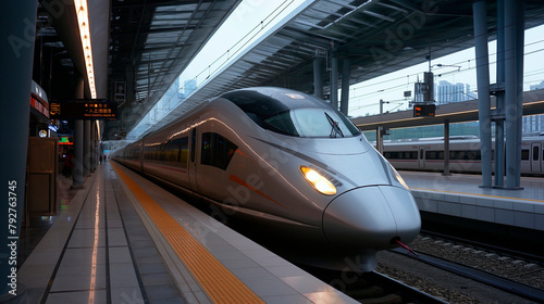 High-speed train stands at the station at night. Modern speed train standing at the station