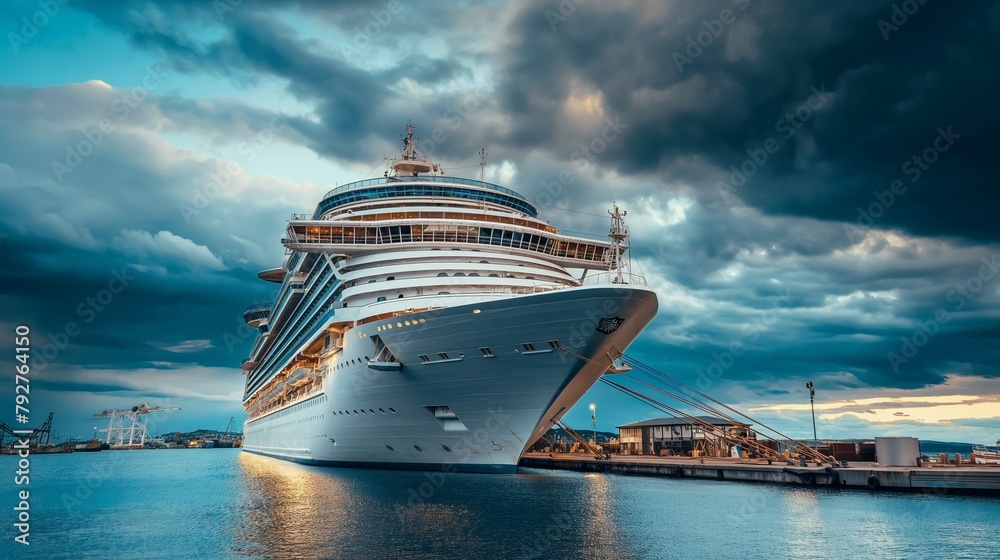Naklejka premium Cruise ship, cruise ship standing at the seaport preparing to board passengers