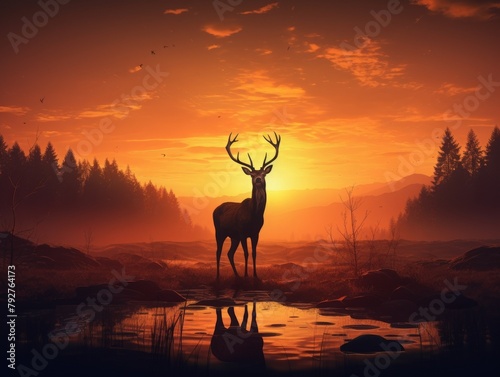 A majestic elk stands in a field of grass at sunset  silhouetted against the sky.