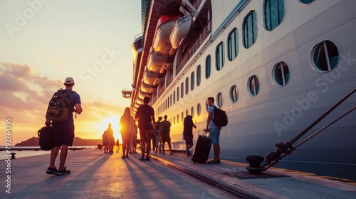 Cruise ship and passengers in port, cruise ship standing at the seaport preparing to board passengers