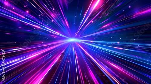 Animated hyperspace warp speed light effect background. Galaxy hyperspace modern velocity tunnel motion. Futuristic travel in cyber universe illustration. Neon highway fast move radial design. photo