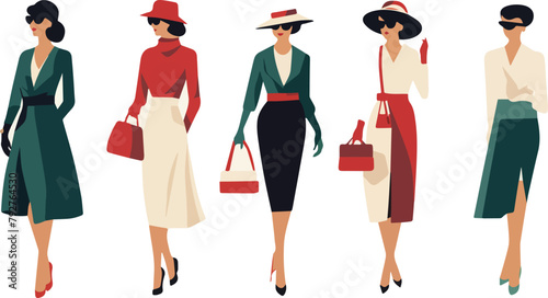 Fashionable women in full length with shopping bags. Vector illustration.