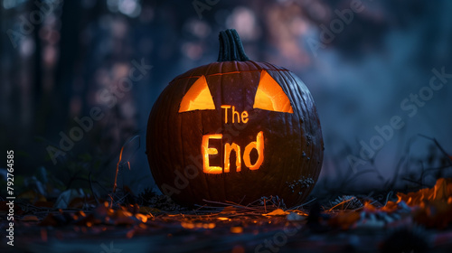 A pumpkin with the words The End carved into it, spooky Halloween decoration photo