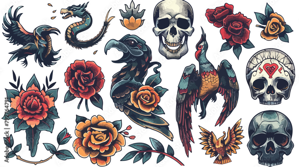 Traditional tattoo style objects. Colored vector set.