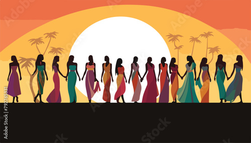 Silhouette of women on the beach at sunset. Vector illustration
