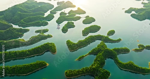 Aerial view of beautiful islands and lake natural landscape at sunrise in Qiandao Lake, Hangzhou. Top view.