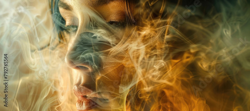 A womans face emitting a large amount of smoke