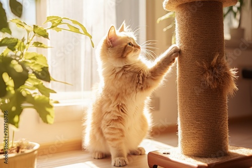 Cute kitten playing with a scratching post and looking out the window photo