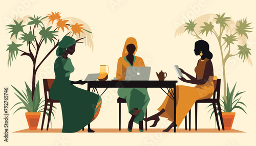 Young women sitting at the table and working on laptops. Vector illustration