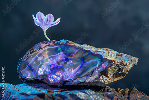 A beautiful purple flower emerges from a vibrant iridescent geode on a dark background, showcasing natural contrast and color play