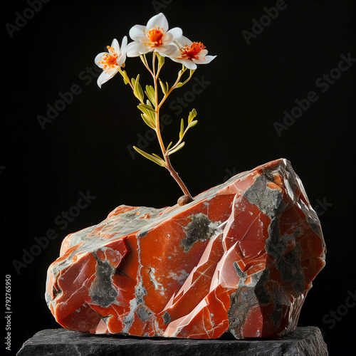 Vibrant orchids bloom from a banded red jasper rock against a black backdrop, highlighting the intersection of flora and mineral