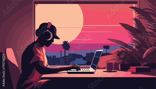 Vector illustration of a young man listening to music on headphones and working on a laptop at home.