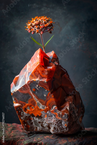 A blooming flower stands atop an orange crystal rock formation, exuding a powerful mix of life and rugged beauty