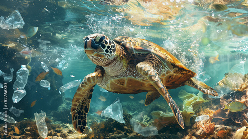Turtle swimming in polluted water. Ecological disaster concept. © Анастасия Козырева