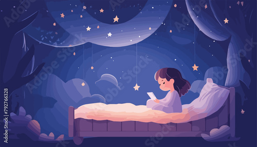 Girl reading book in bed at night. Vector illustration in cartoon style