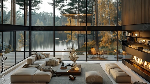 Fototapeta Naklejka Na Ścianę i Meble -  Modern house in the forest with fireplace, large windows with a view of the lake and pine trees outside, a cozy interior design of a modern living room with a double height ceiling. Generative AI.