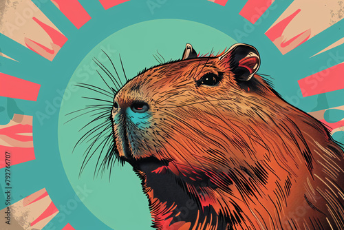 Capybara in pop art style with aqua highlights and pink sunrays backdrop photo
