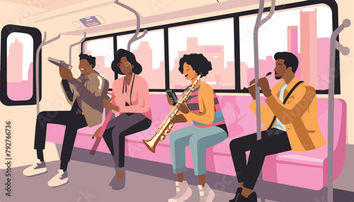 Vector illustration of a group of young people playing musical instruments in a bus