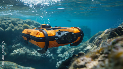 A bright orange underwater research robot swims among the coral reefs in tropical sea