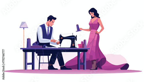 Woman and man dressmaker working on sewing machine. Tailor, tailor, dressmaker concept. Vector illustration in flat style