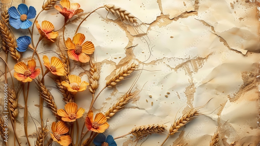 Fototapeta premium Autumn Harvest Theme with Wheat and Dried Flowers, An artistic autumnal arrangement featuring wheat stalks and colorful dried flowers on a soft, illuminated parchment background.