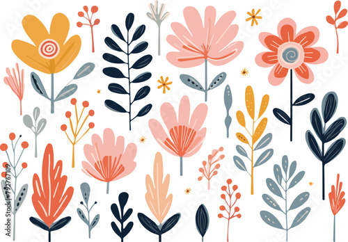 Seamless pattern with flowers, leaves and plants. Vector illustration.